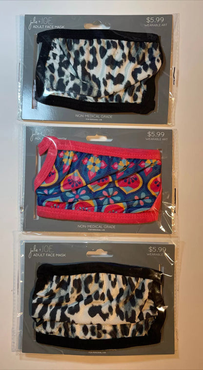 Lot Of 3 Julie & Joe Women ADULT FACE MASK - Assorted Styles - 3 pc