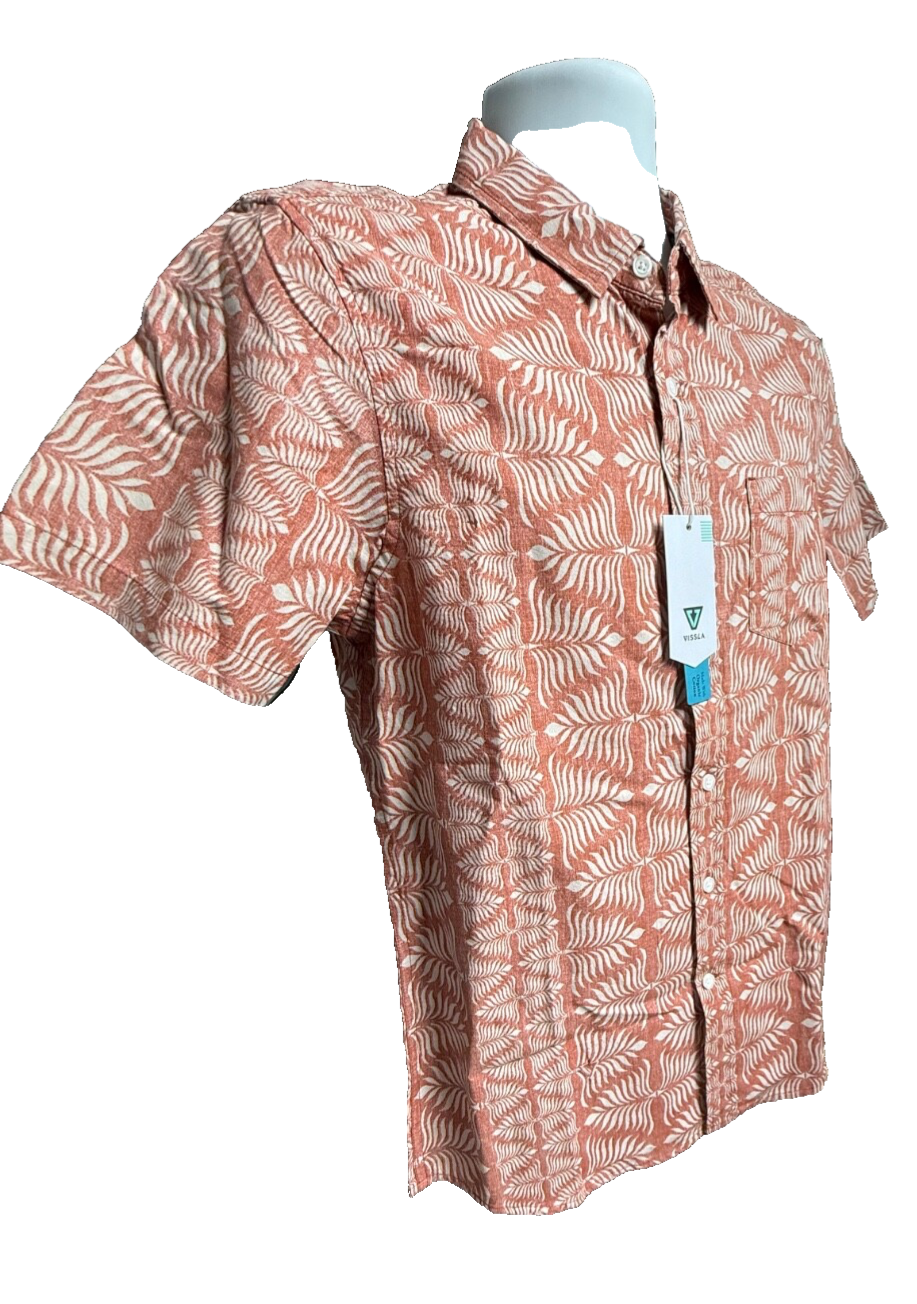 $70 Vissla Men’s-Island Impressions Cotton Button Up Shirt-Orange-Small-New Tag