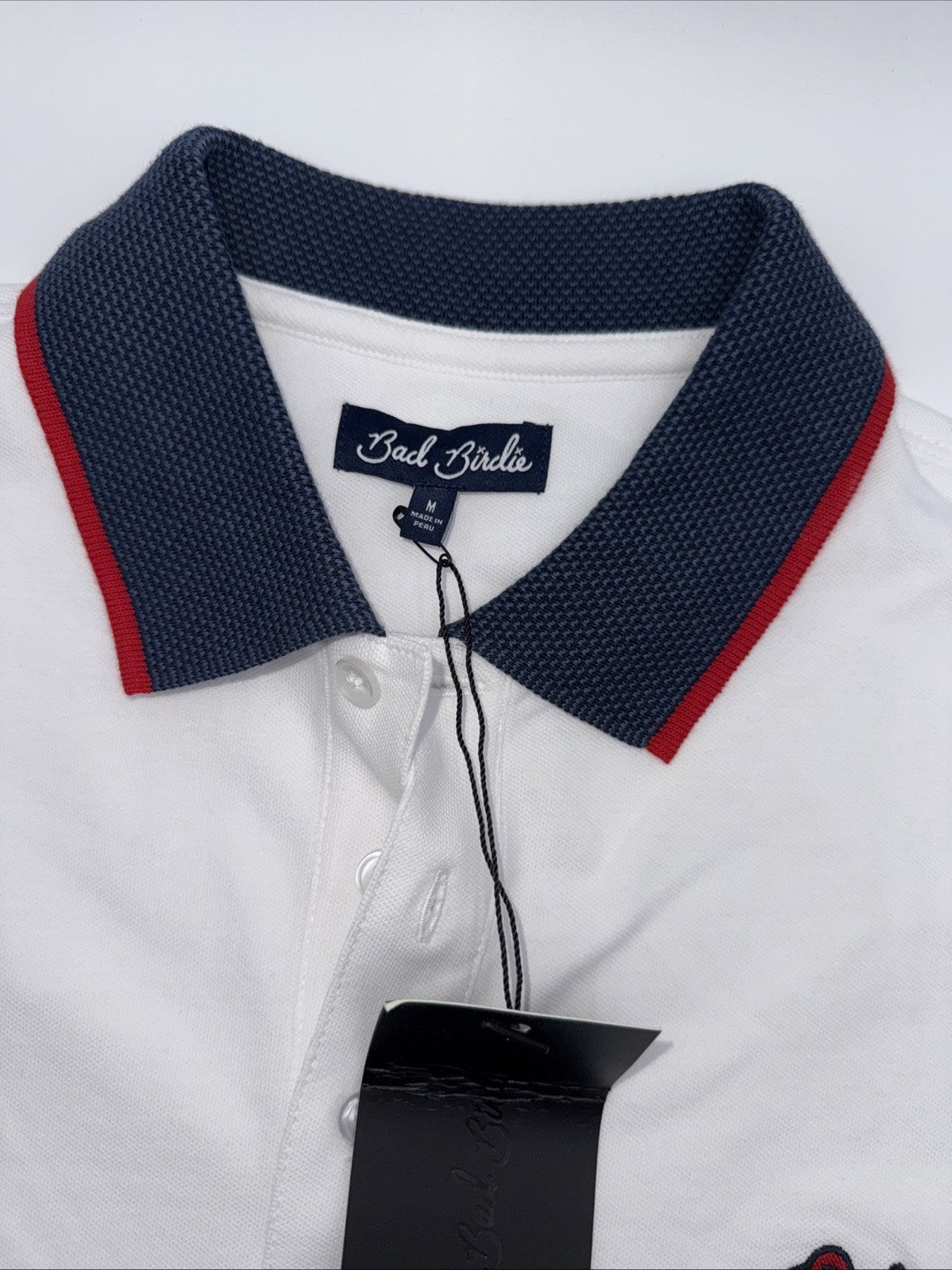 $84 Bad Birdie Men’s Pique Golf Polo Shirt- White/Navy/Red- Medium- New Tags