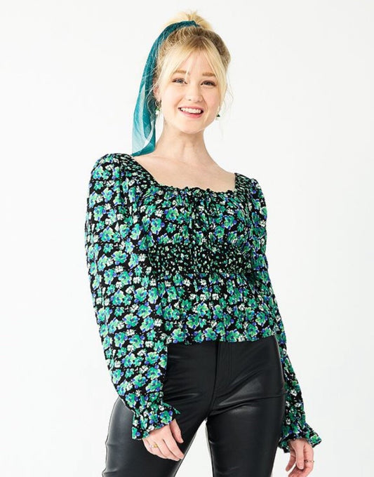 SO Women’s-Squareneck Peplum Blouse-Black Multicolor-XSmall-New Tag