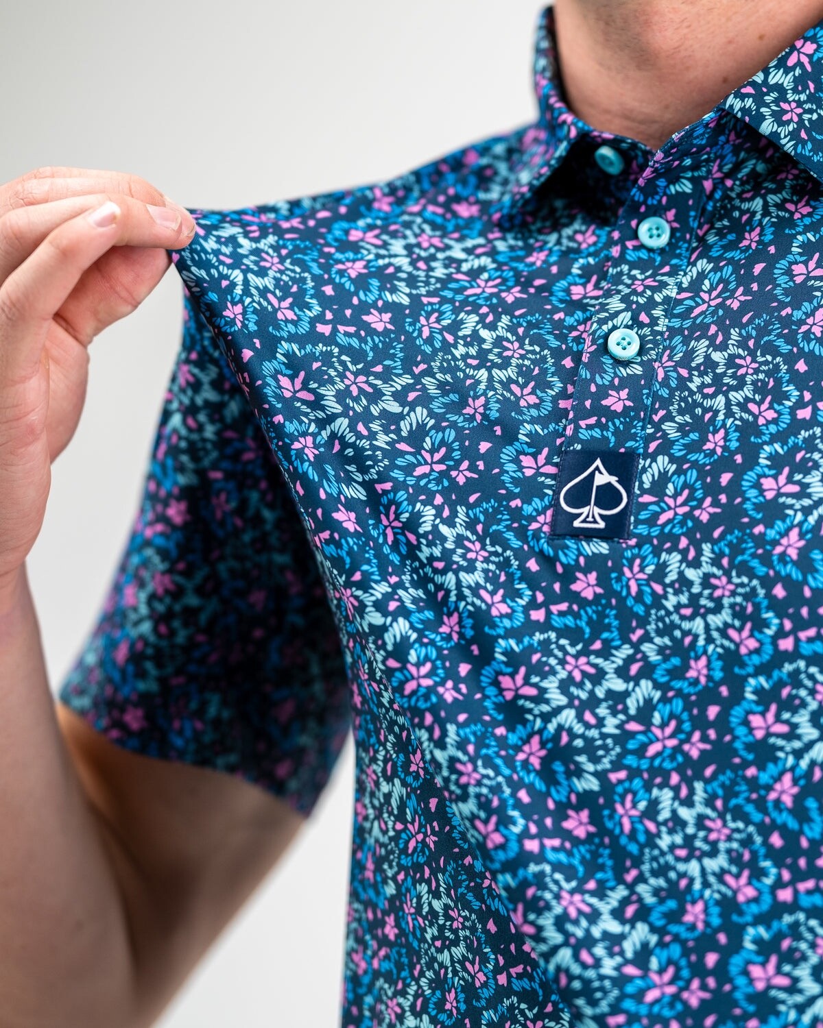 $70 Pins & Aces Fluorescent Floral Golf Polo- Blue/Pink - Medium - New With Tag