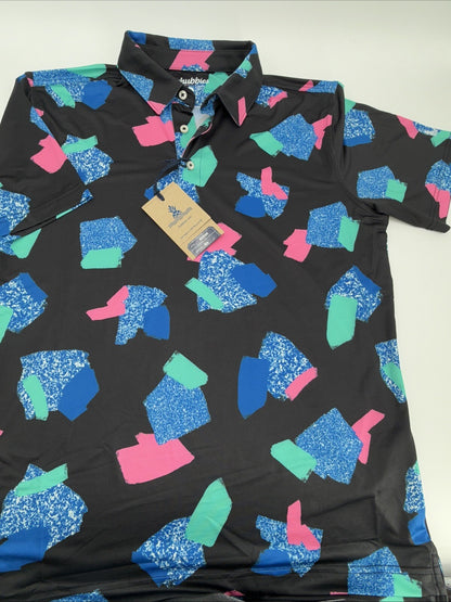 Chubbies Men's The Abs Tract  Performance Polo Shirt- Black Multi- Medium -New