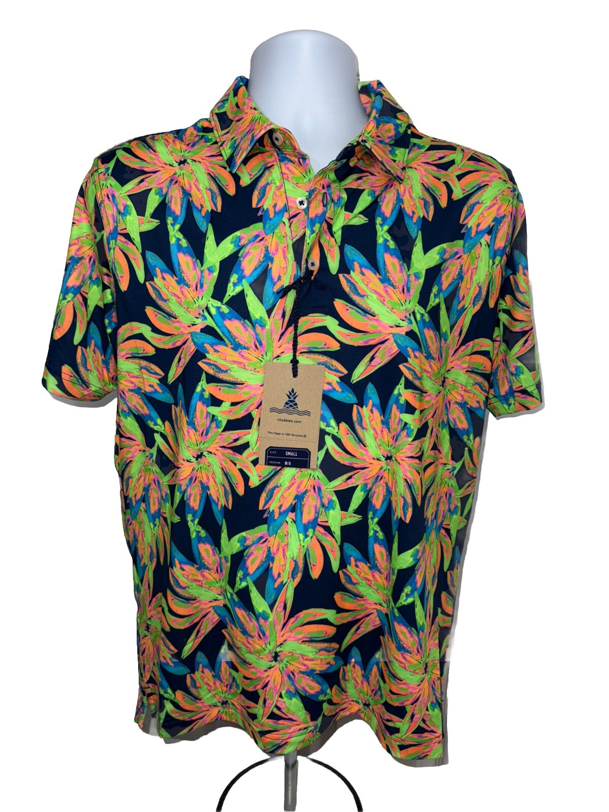Chubbies Men's The Ocean Flower Performance Polo Shirt-Orange Multi-Small -New