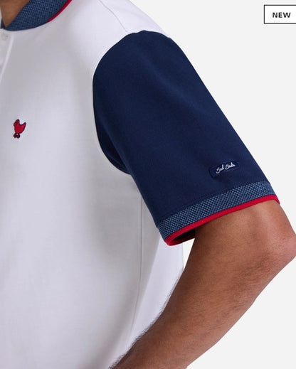 $84 Bad Birdie Men’s Pique Golf Polo Shirt- White/Navy/Red- Medium- New Tags