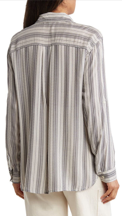 Max Studio Women’s Collard Stripes Blouse Long Sleeve-Black/White-Medium-New $98