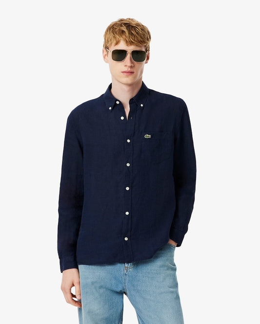 $140 Lacoste Men's Regular Fit Linen Long Sleeve Shirt-Navy-Small- New With Tag