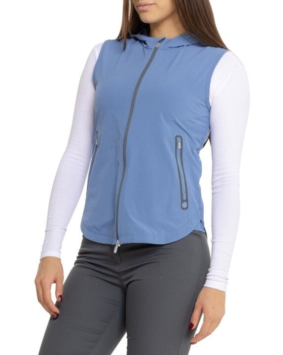 $145 Peter Millar Women’s Jameson Flex Adapt Full-Zip Hooded Vest-Blue-Medium