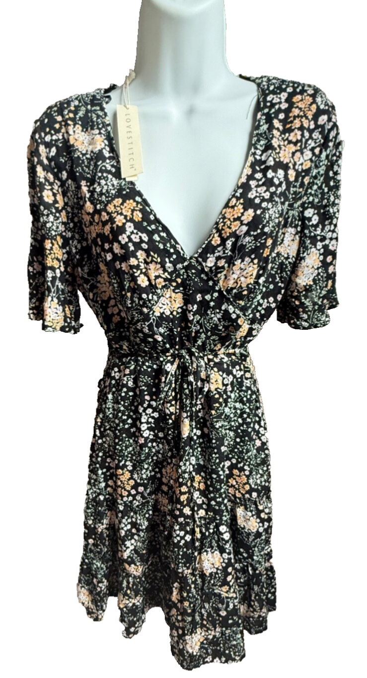 $72 Lovestitch Women’s-Laurel Floral Mini Dress-Black-Small-New Tag