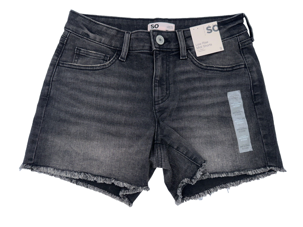 SO Women's Low Rise Midi Fray Hem Jean Shorts - Washed Black - 9/29W - New Tag
