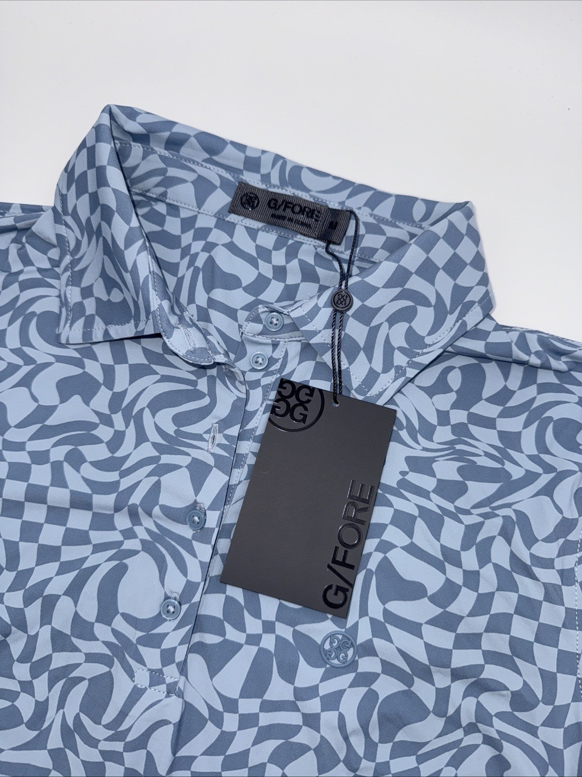 $125 G/Fore Women's Distorted Check Silky Tech Nylon Golf Polo-Fjord-Medium -New
