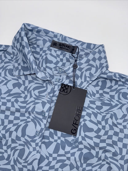 $125 G/Fore Women's Distorted Check Silky Tech Nylon Golf Polo-Fjord-Medium -New