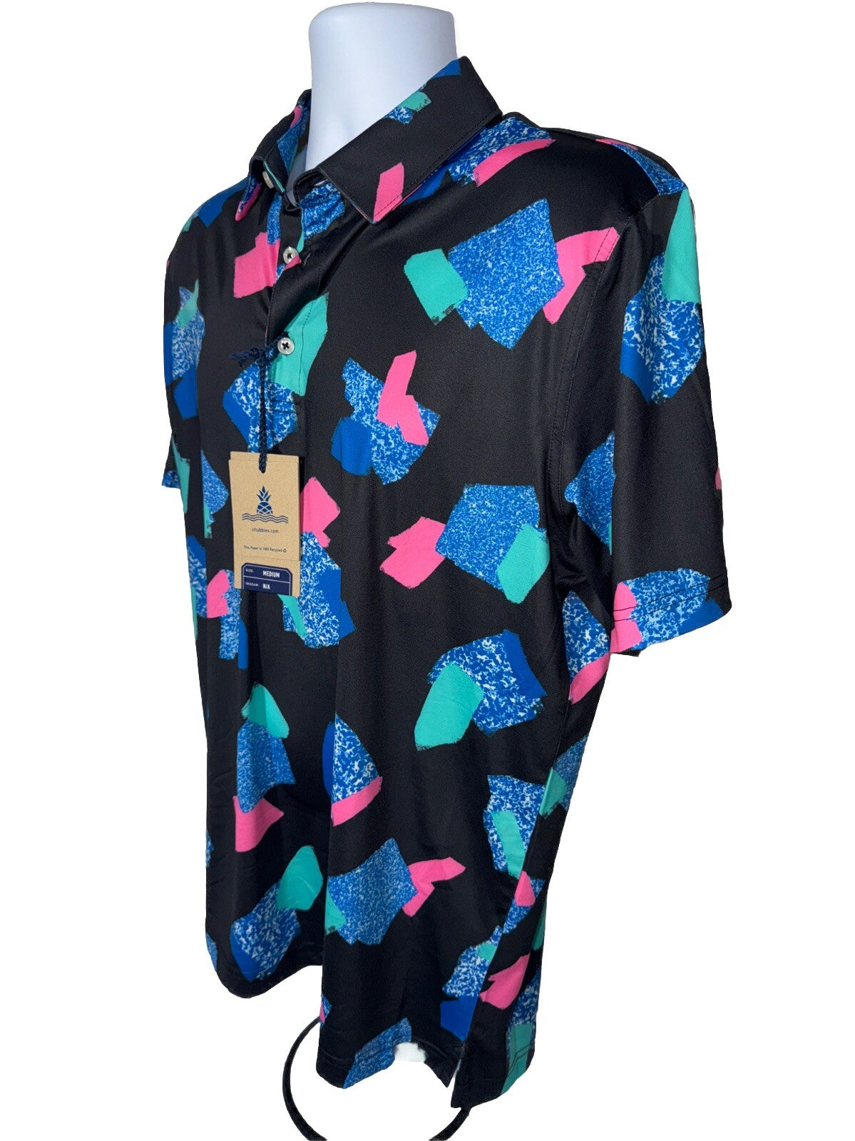 Chubbies Men's The Abs Tract  Performance Polo Shirt- Black Multi- Medium -New