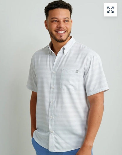 $60 Huk Men’s Kona Cross Dye Button up S/S Shirt- White Stripes- Small -New Tags