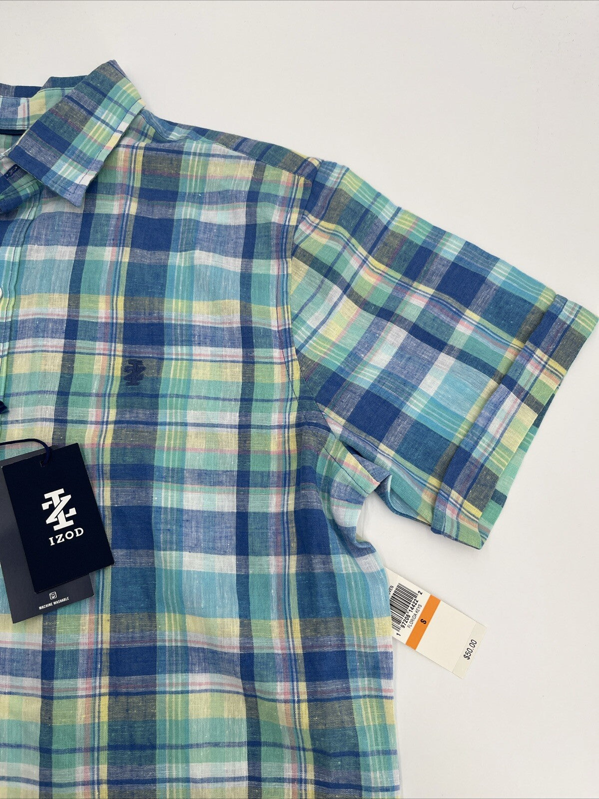 $50 Izod Men’s Linen Blend Madras SS Button Up Shirt-Florida Keys Plaid-Small