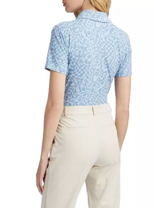 $125 G/Fore Women's Distorted Check Silky Tech Nylon Golf Polo-Fjord-Medium -New