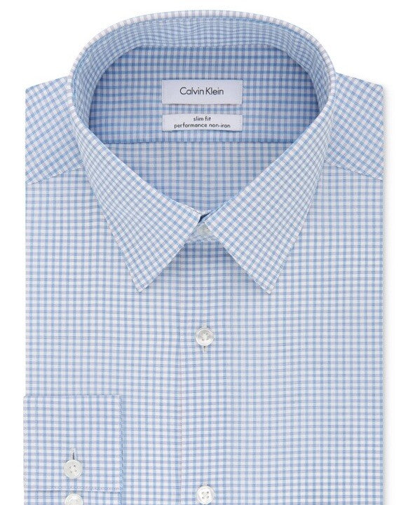 Calvin Klein Men’s Slim Fit Performance Blue Check- Dress Shirt- 16-16 ½ Large