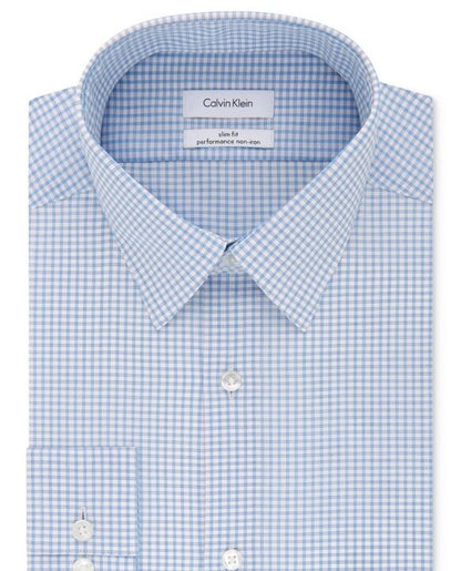 Calvin Klein Men’s Slim Fit Performance Blue Check- Dress Shirt- 16-16 ½ Large