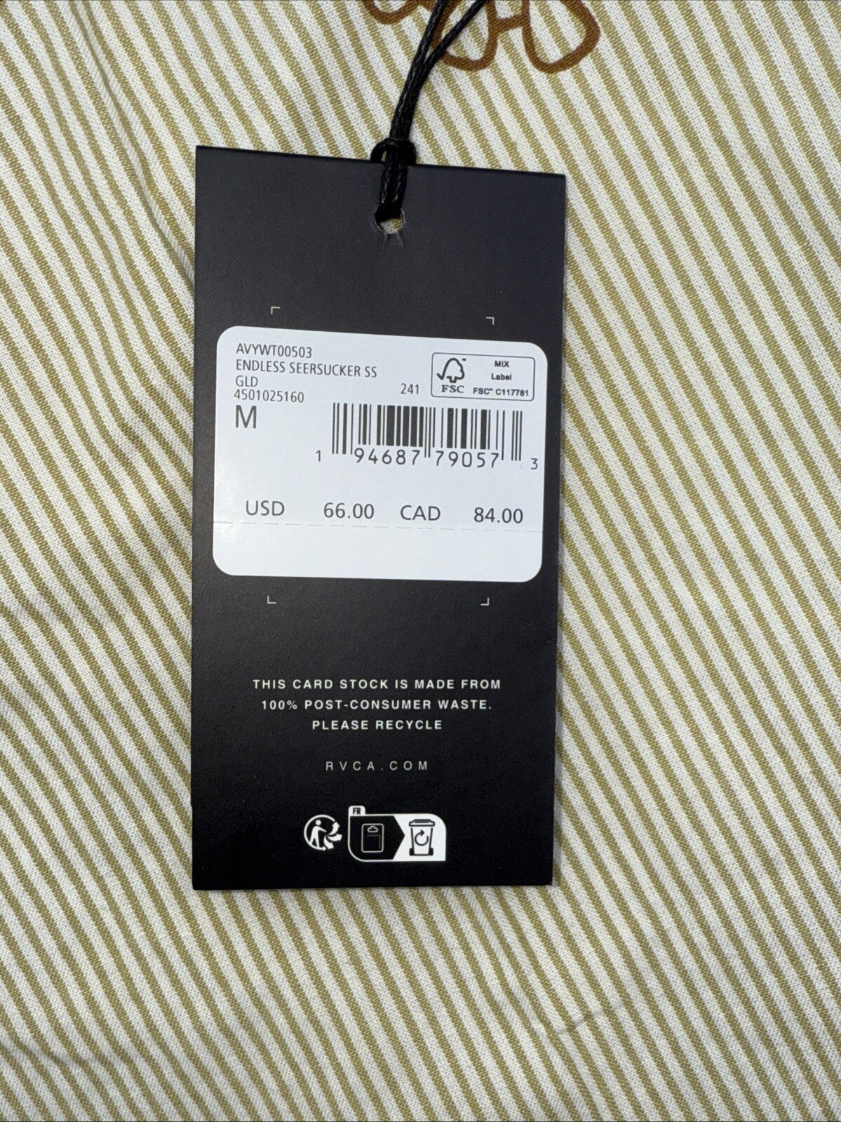 $66 RVCA Men's S/S Button Shirt ENDLESS SEERSUCKER - Gold - Medium - New W Tags