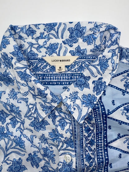 $80 Lucky Brand Women's Printed Button Down Longsleeve Shirt-Blue/White -Medium