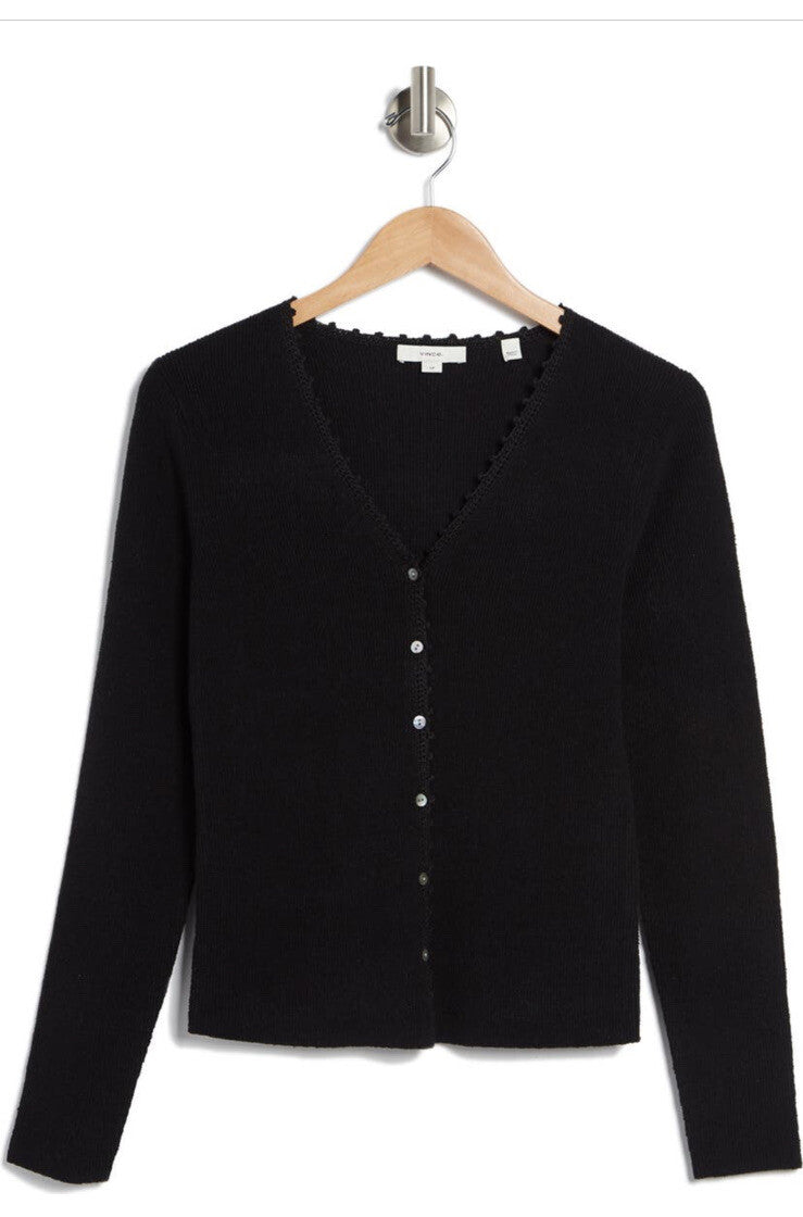 $395- Vince Women’s Crocheted Trim Linen-Blend Cardigan -Black- Large-New Tag