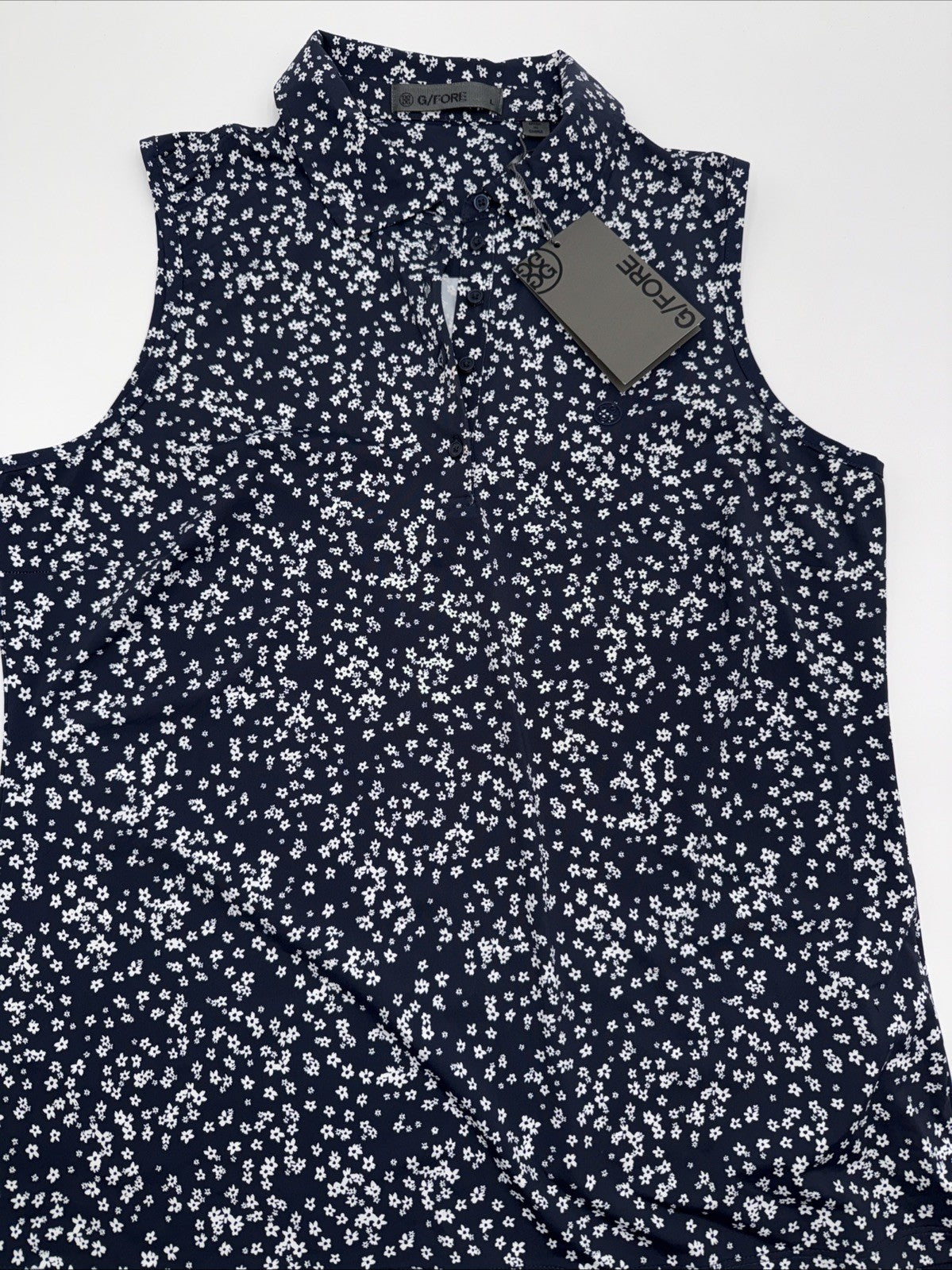 $110 G/Fore Women’s Cherry Blossom Golf Sleeveless Polo -Navy/White-Large- New