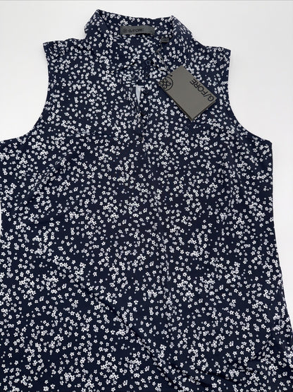$110 G/Fore Women’s Cherry Blossom Golf Sleeveless Polo -Navy/White-Large- New