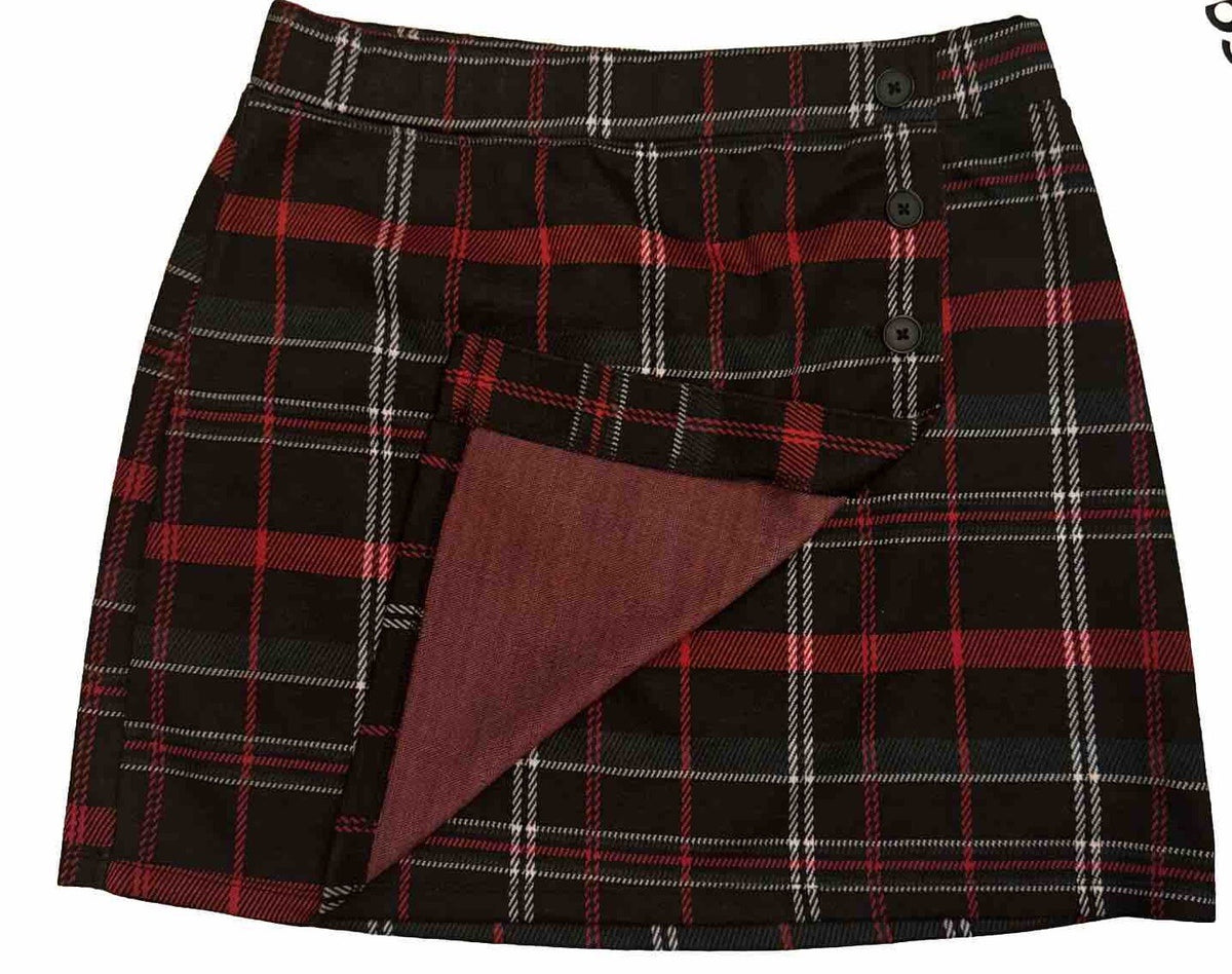 SO® Women’s Junior’s Side Buttoned Faux Wrap Mini Skirt -Red Black Green- Medium