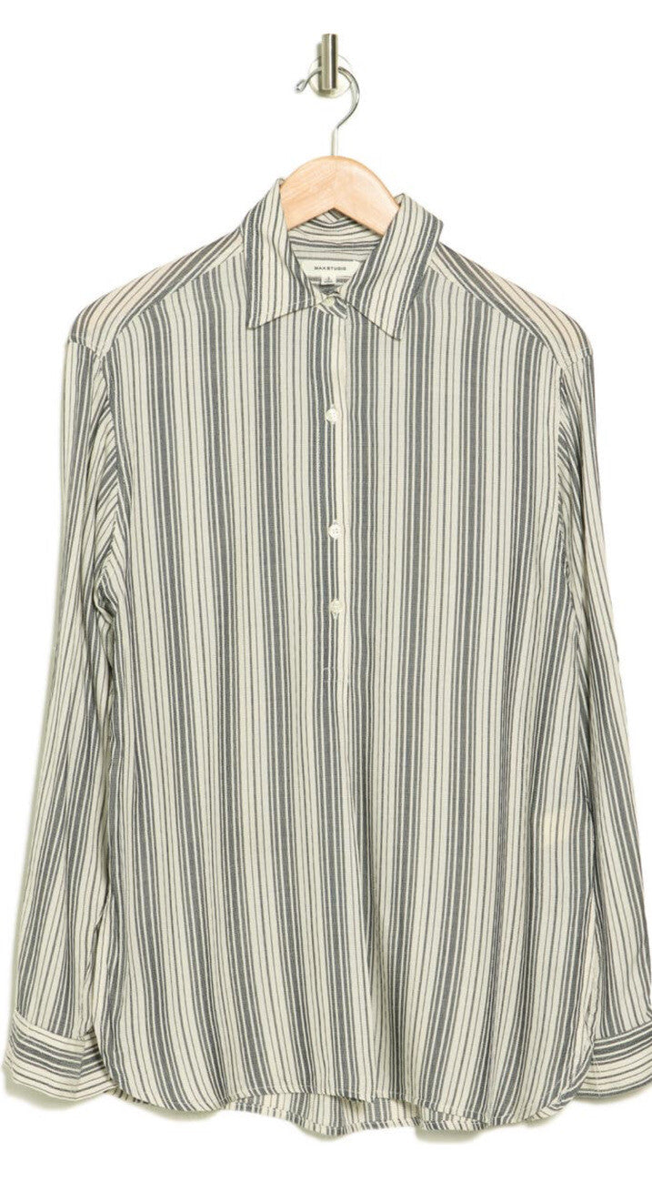 Max Studio Women’s Collard Stripes Blouse Long Sleeve-Black/White-Medium-New $98