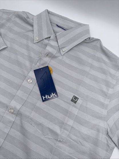 $60 Huk Men’s Kona Cross Dye Button up S/S Shirt- White Stripes- Small -New Tags
