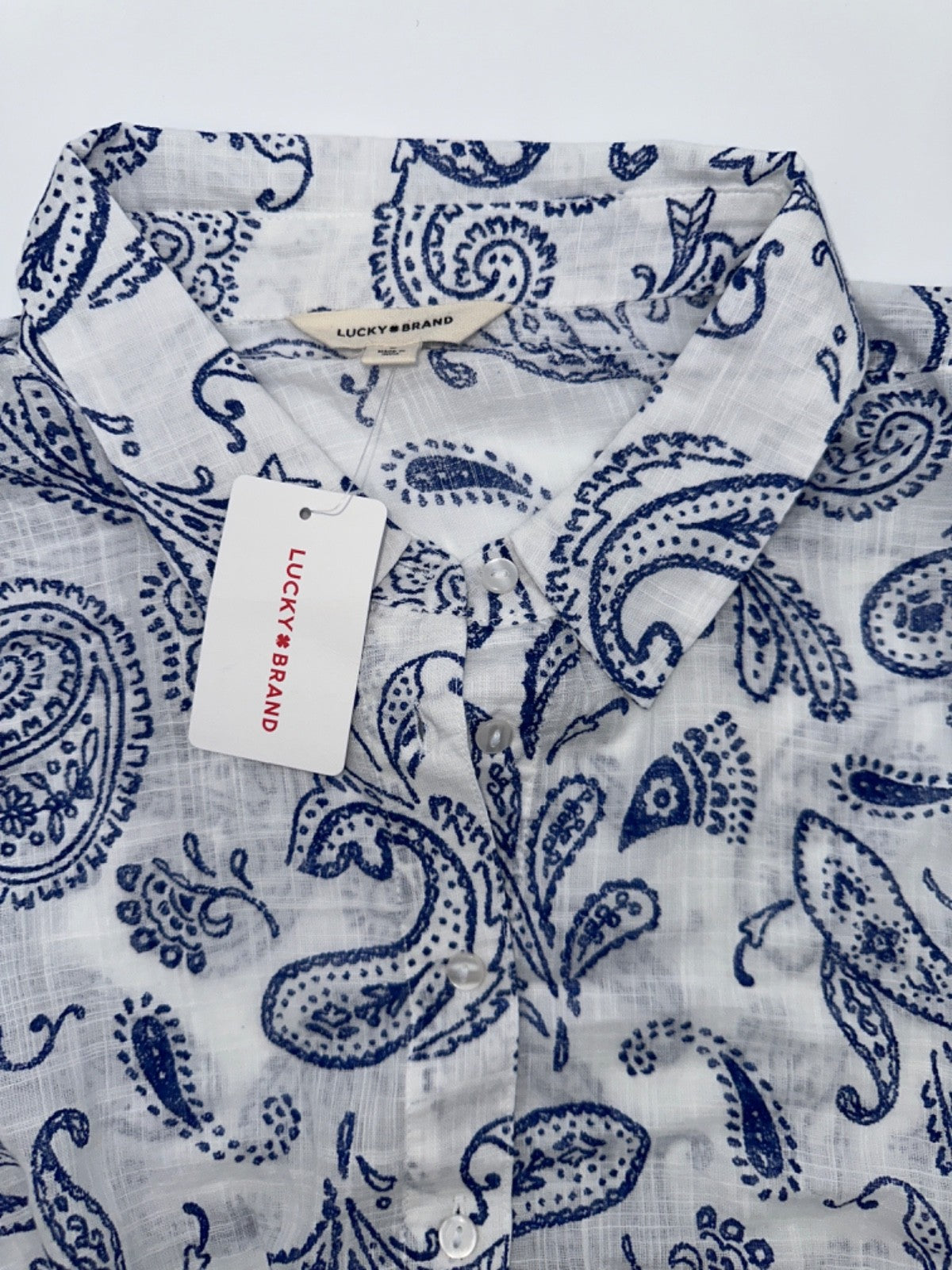 $90 Lucky Brand Women's Printed Tie Front Button Down Shirt-White/Blue-Large