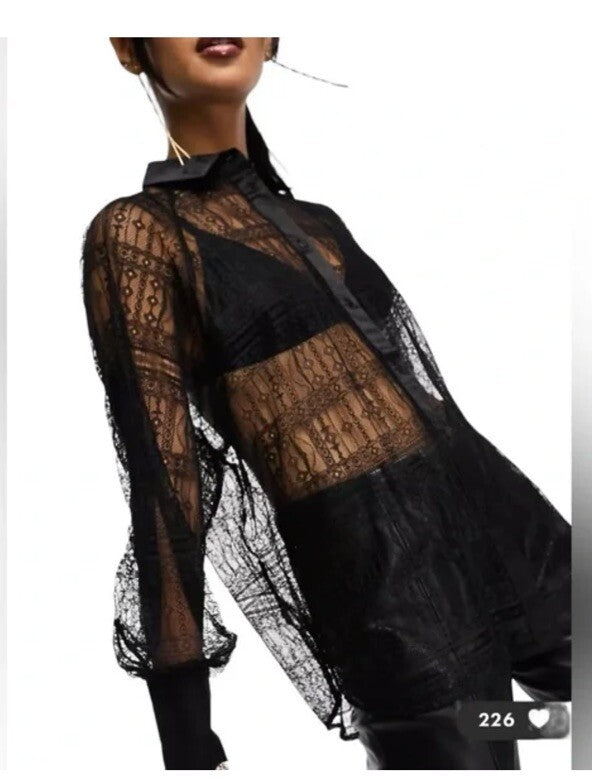 $269 ALLSAINTS "Oana" Black Sheer Lace Relaxed Button Up Shirt Blouse-Sz 4- NWT