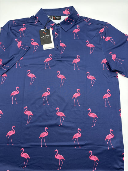 $50 Yatta Golf Men’s 3 Button Polo Shirt - Classy Mingo Navy Pink - Medium - New