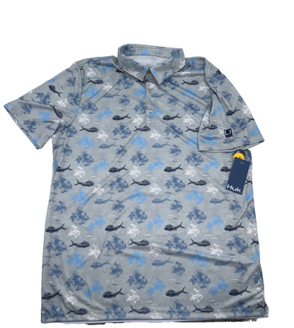 $55 Huk Men's KC Pursuit Printed Polo Shirt - Marolina Blue - Large - New Tag