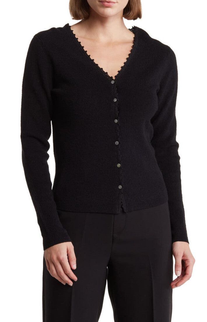 $395- Vince Women’s Crocheted Trim Linen-Blend Cardigan -Black- Large-New Tag