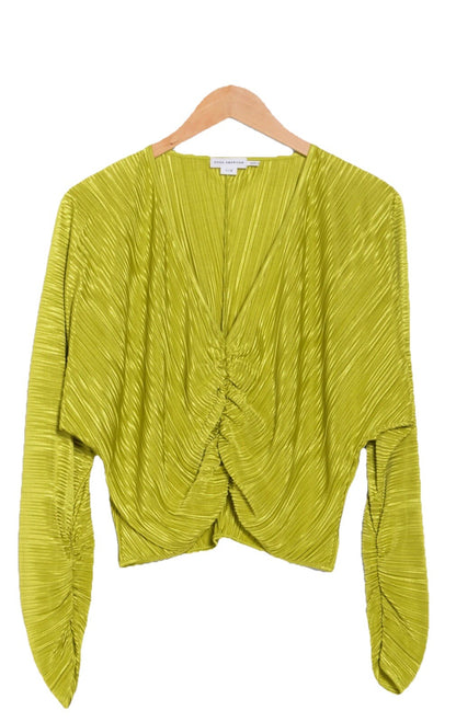 $129 Good American Women’s- Plissé Ruched Top Blouse Shirt- Chartrusse- Size 1/2