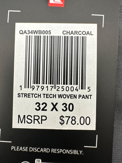$78 Quicksilver Men’s Stretch Tech Woven Pants - Charcoal -Size: 32W x 30L -New