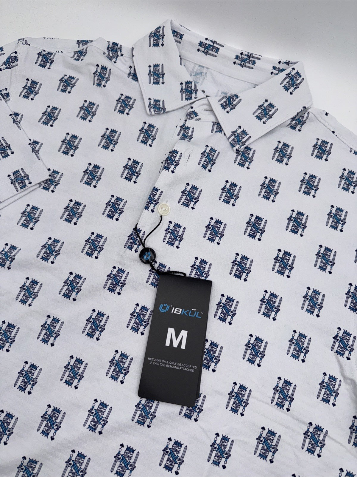 $100 IBKUL Men’s Short Sleeve Polo King Of Shapes Shirt-White/Blue- Medium -New