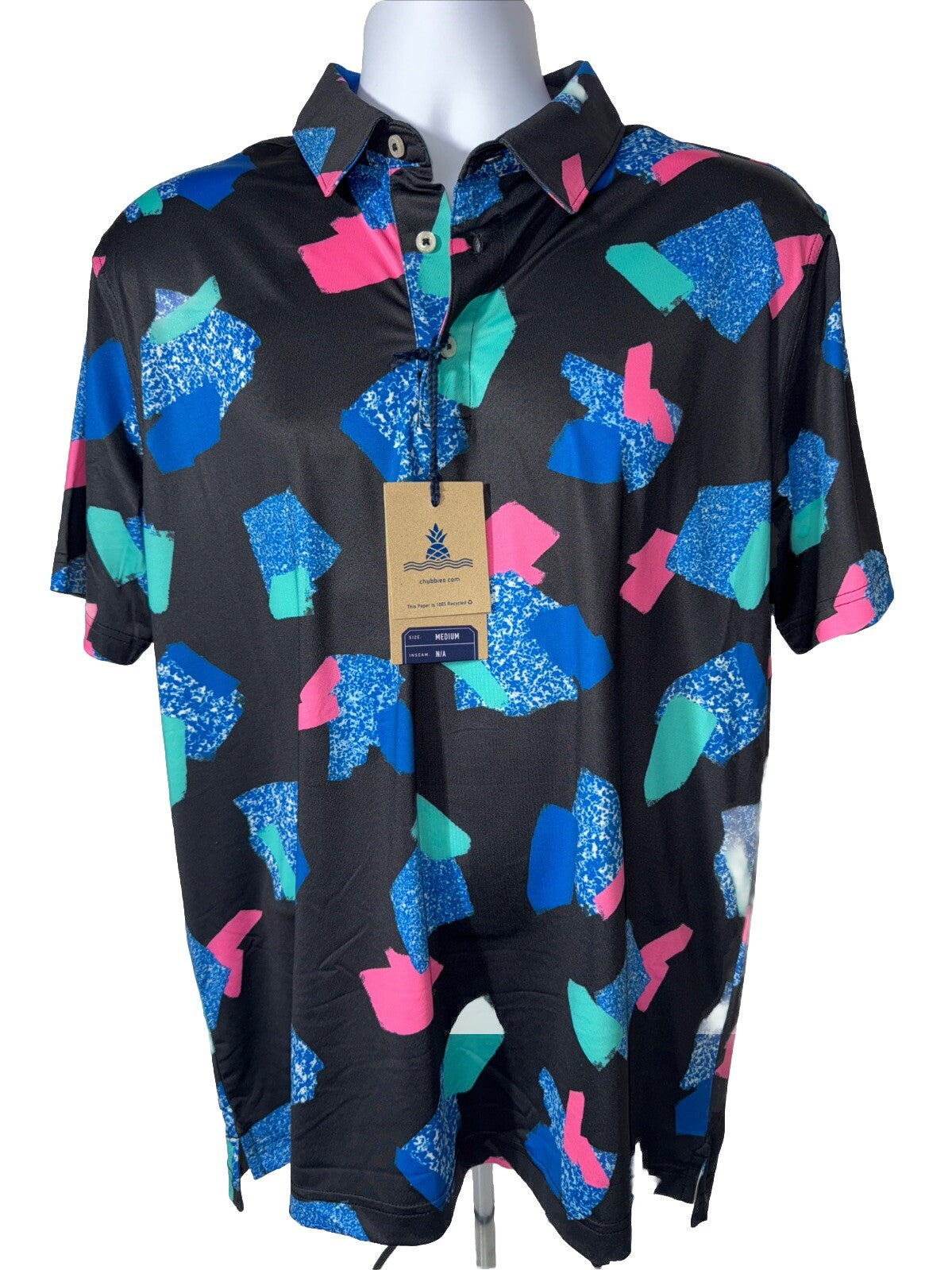 Chubbies Men's The Abs Tract  Performance Polo Shirt- Black Multi- Medium -New