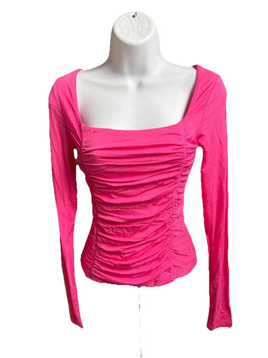 $74 Elodie Women’s-Square Neck Long Sleeve Shirt-Hot Pink-Small-New Tag