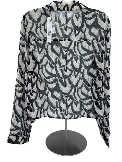 $88 T Tahari Women's Long Sleeve Feather Print Blouse - Black/Tan - Medium -New