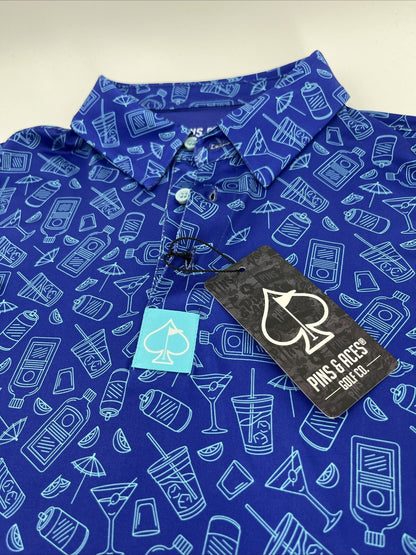$70 Pins & Aces Men’s Happy Hour Performance Stretch Polo-Blue Bonnet-Small-New