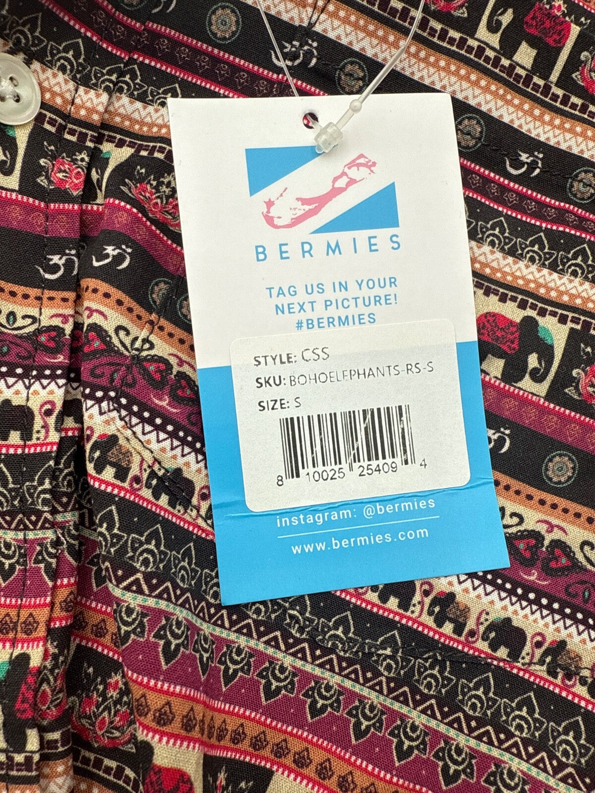 $65 Bermies Men’s- Boho Elephants Rayon Stretch Shirt- Multicolor-Small- New Ta