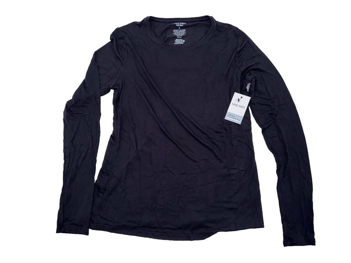 Nine West Women’s Soft Spun Long Sleeve Crew Neck Tee-Mineral Black- Small-New