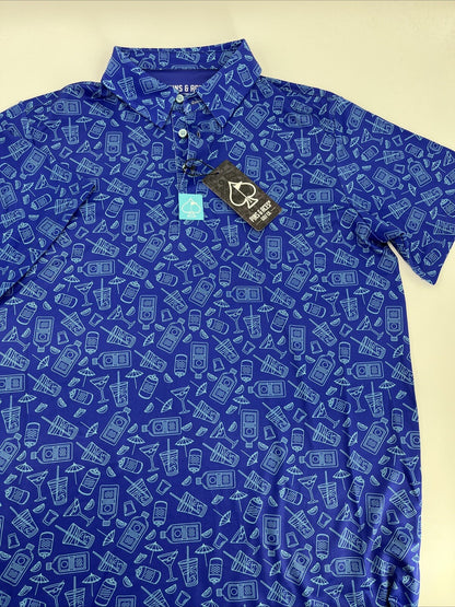 $70 Pins & Aces Men’s Happy Hour Performance Stretch Polo-Blue Bonnet-Medium-New