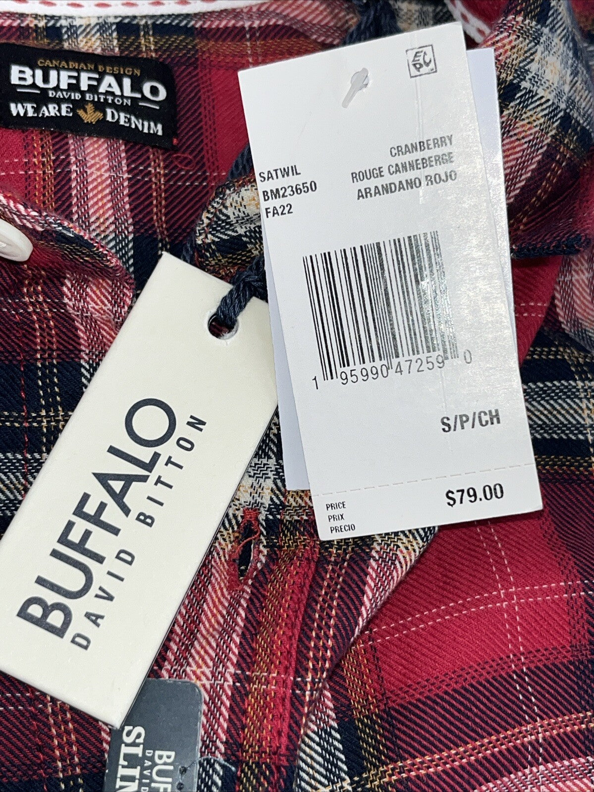 $79 Buffalo David Bitton Men’s Satwil Plaid Long Sleeve Shirt- Cranberry-Small