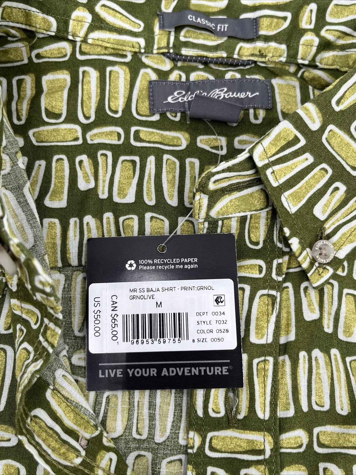Eddie Bauer Men's Baja Print Camping Short Sleeve Shirt-Olive Green-Medium-New