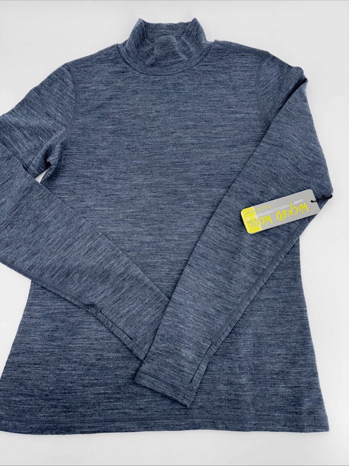 $95 Wicked Wool Women’s Merino Long Sleeve Mock Neck Pullover Top- Blue- Small
