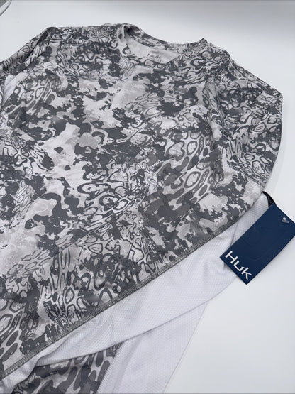 $50 HUK Men’s- Icon X Tide Change Long Sleeve Shirt- Grey Camo/ White- Medium