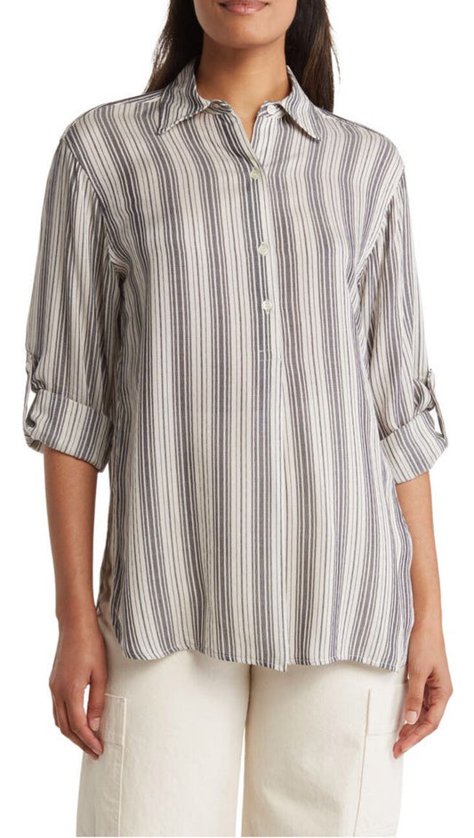 Max Studio Women’s Collard Stripes Blouse Long Sleeve-Black/White-Medium-New $98