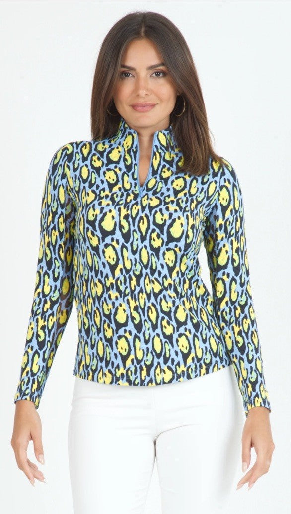 $100 Ibkul Women’s Long Sleeve Zip Mock Neck Top-Gemma Peri Multi -Large -New